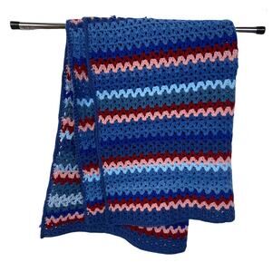 Knit or Crocheted Baby or Lap Blanket Lap Afghan Blue Red Pink Boho Granny